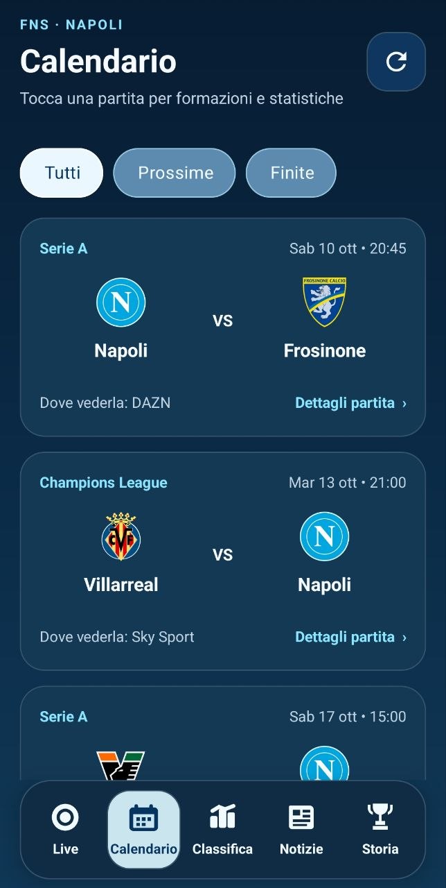 Napoli match calendar in the FNS app