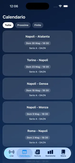 Napoli match calendar in the FNS app