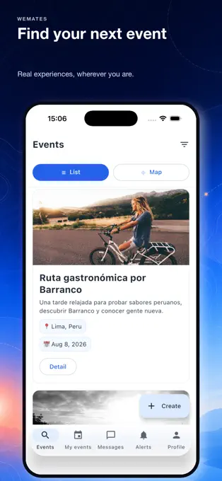 WeMates screen for finding events and travel companions
